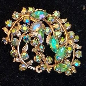 Goldtone Vines And Leaves Brooch With Green And Ab Rhinestones